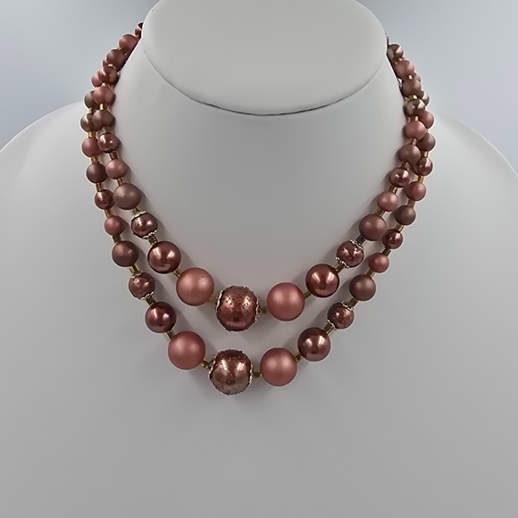 Japan Rags Jewelry - Vintage Japan Double Strand Necklace Faux Rose Pearl Filigree Cap Gold Tone 16